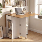 Giantex 47.5" Folding Dining Table for 2-4, Drop Leaf Wooden Dinner Table with 2-Tier Storage Shelf and Drawer, Lockable Wheels, Space Saving Kitchen Tables for Dinette, Small Space (White+Natural)