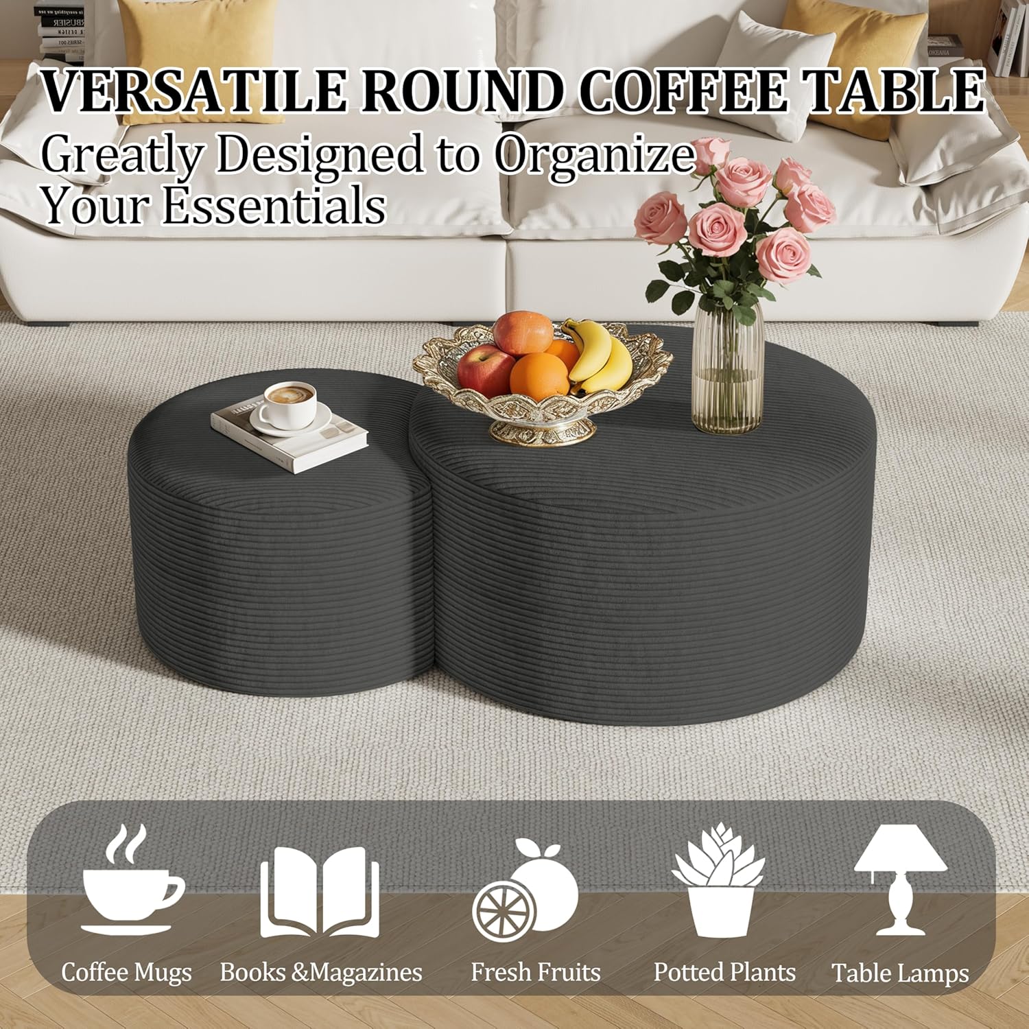 Round Nesting Coffee Table Set of 2,Upholstered Foam Ottoman Footrest Side Table Set,Modern Flannel Circle Coffee Table No Assembly for Living Room Entryway Bedroom,Grey