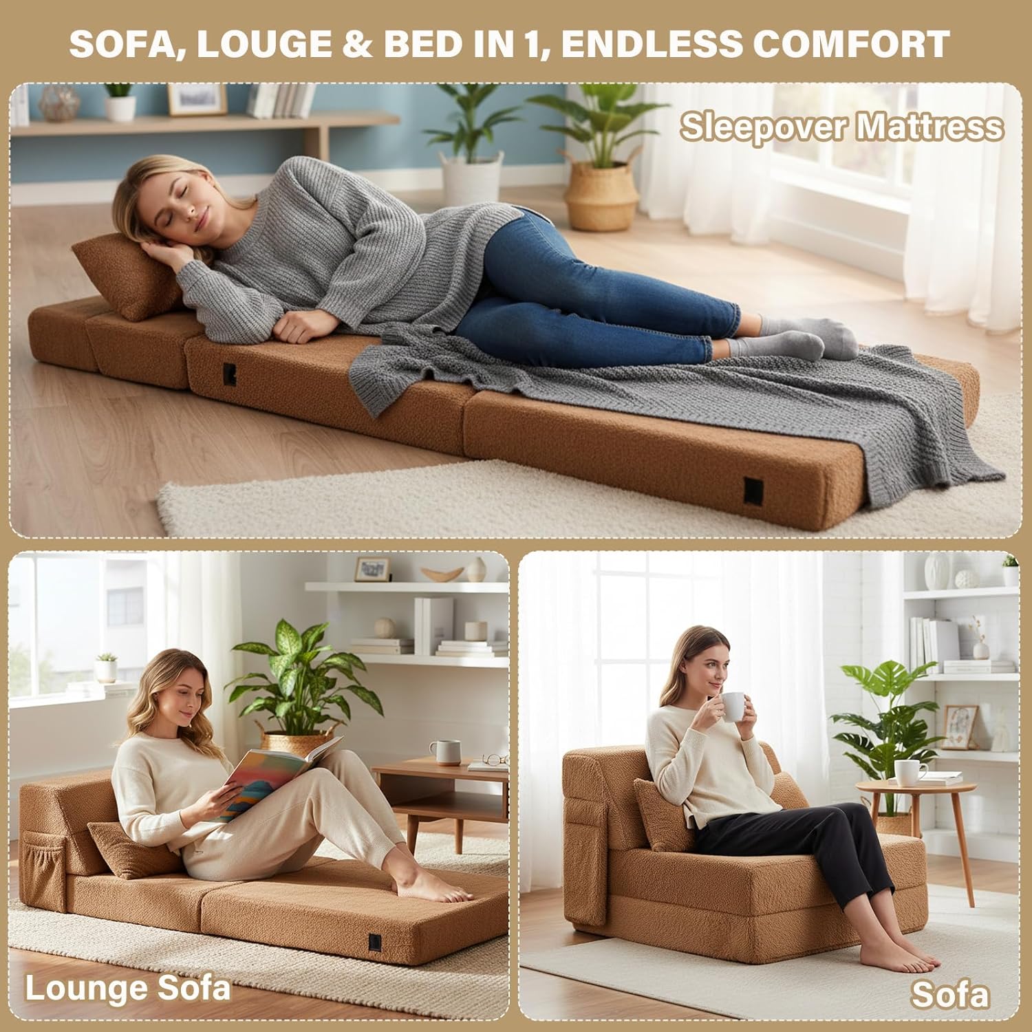 Tiita Convertible Folding Sofa Bed Single Size for Adults with Pillow, Plush Fabric Floor Mattress Couch Bed, Washable Cover & Side Pocket, Guest Room, Dorm, Apartment, Living Room, Brown