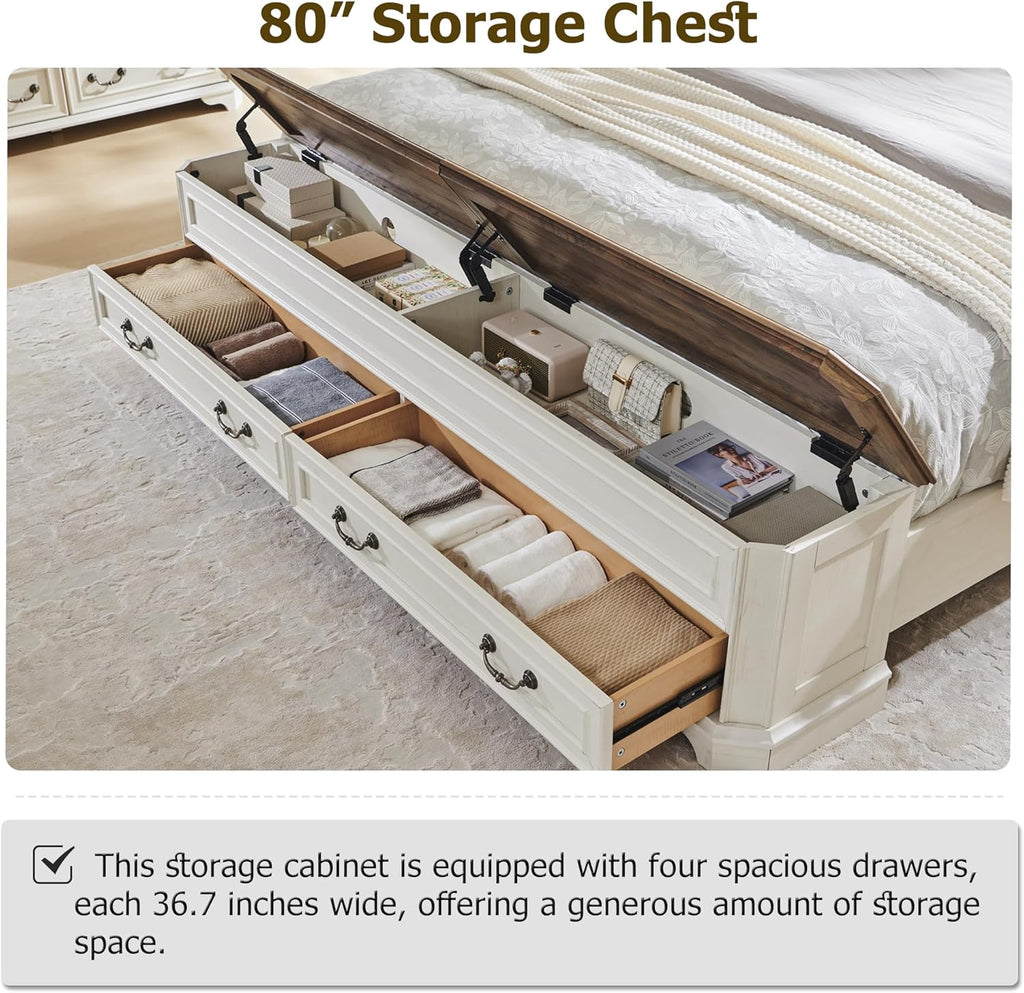 T4TREAM Farmhouse King Bed with Headboard and Storage Bench, Rustic Wood Platform Bed with 80" Storage Chest w/ 4 Large Drawer (Antique White)
