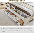 T4TREAM Farmhouse King Bed with Headboard and Storage Bench, Rustic Wood Platform Bed with 80" Storage Chest w/ 4 Large Drawer (Antique White)