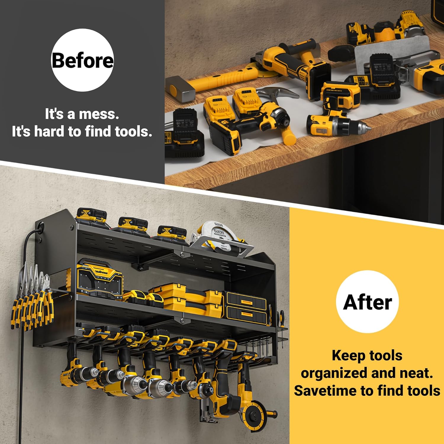 YYR Power Tool Organizer with Charging Station Wall Mount, Cordless Drill and Battery Holder for Garage Organization, Electric Tools Storage Rack Build in Surge Protection Power Strip - Black Shelf
