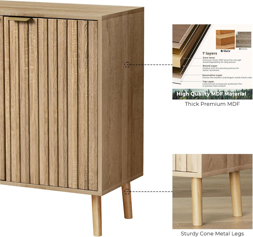 Vrullu Fluted Storage Cabinet, Free Standing Buffet, Wood Sideboard, Multifunctional Accent Storage for Living Room, Hallway, Entryway, Dining Room (1, Oak)