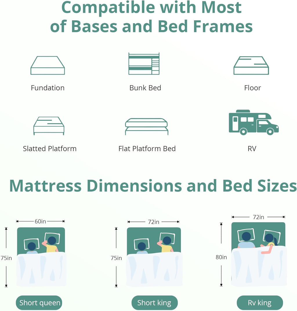 EGO White 8 Inch Short Queen Memory Foam RV Mattress, Cooling Gel Green Tea Mattress for RVs, Campers & Trailers, Bed in a Box, CertiPUR-US Certified, 60"×75", Medium Firm