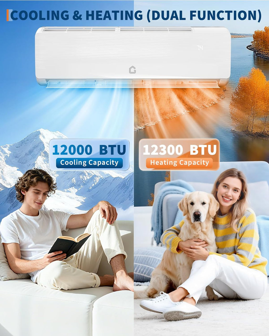 Air Conditioner Split Unit, 12,000 BTU All-Seasonal AC, SEER2 19, 115V, Sleep Mode, Auto Shut-Off, Timer Function, Energy Star Certificated, for Room Up 750 sq ft