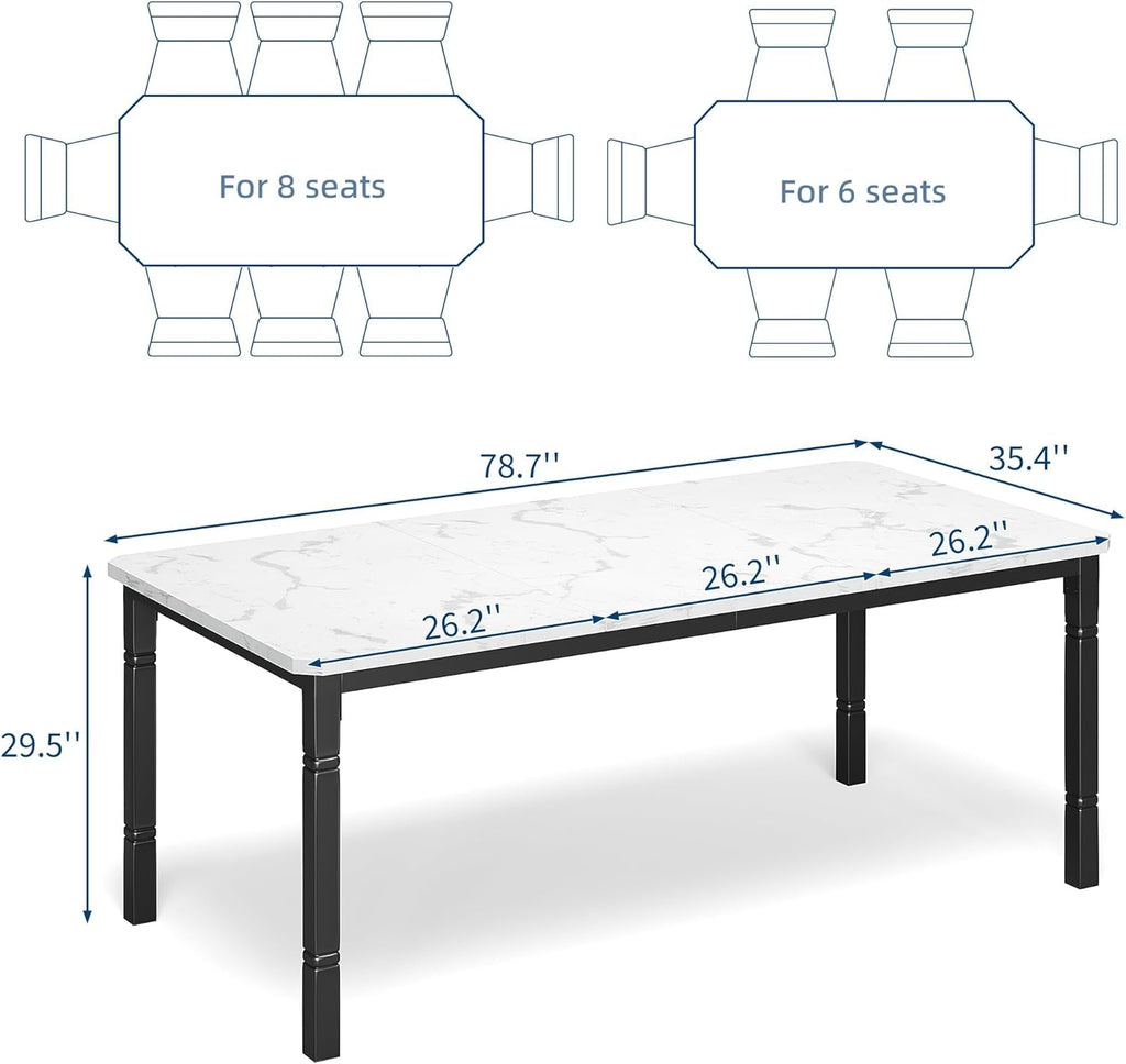 IDEALHOUSE 79" Dining Table for 6-8 People, Modern Rectangular Kitchen Table with Sturdy Metal Legs, Large Wood Farmhouse Dining Room Table for Home Office, Conference, Black & Marble White