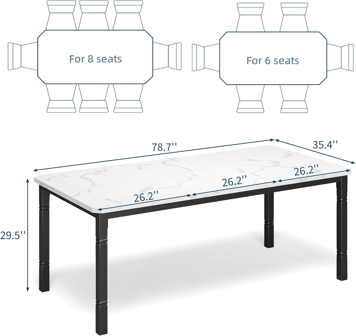 IDEALHOUSE 79" Dining Table for 6-8 People, Modern Rectangular Kitchen Table with Sturdy Metal Legs, Large Wood Farmhouse Dining Room Table for Home Office, Conference, Black & Marble White