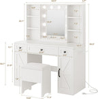 IRONCK White Vanity Desk with Mirror & Lights, Farmhouse Makeup Vanity Table with Adjustable 3 LED Modes, Charging Station, 3 Drawers & Storage Shelves, Stool Included