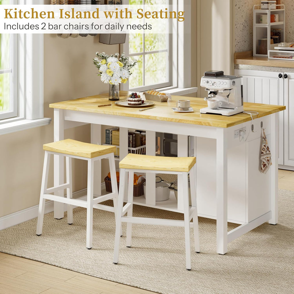 Kitchen Island with Storage and Seating Include 2 Bar Stools, 47" Solid Rubberwood Top Kitchen Island with Trash Can Storage, Power Outlet, 2 Drawers & Open Shelves Cabinet, Dining Table for 2, White