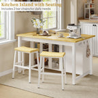 Kitchen Island with Storage and Seating Include 2 Bar Stools, 47" Solid Rubberwood Top Kitchen Island with Trash Can Storage, Power Outlet, 2 Drawers & Open Shelves Cabinet, Dining Table for 2, White
