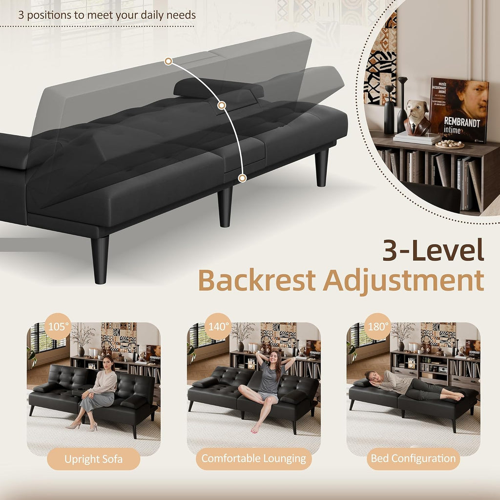 Shintenchi Futon Sofa Bed, Leather Foldable Couch, Reclining Sleeper with Removable Armrests, Upholstered Loveseat Sofa Couch with Folding Cup Holders for Home, Office(Black)