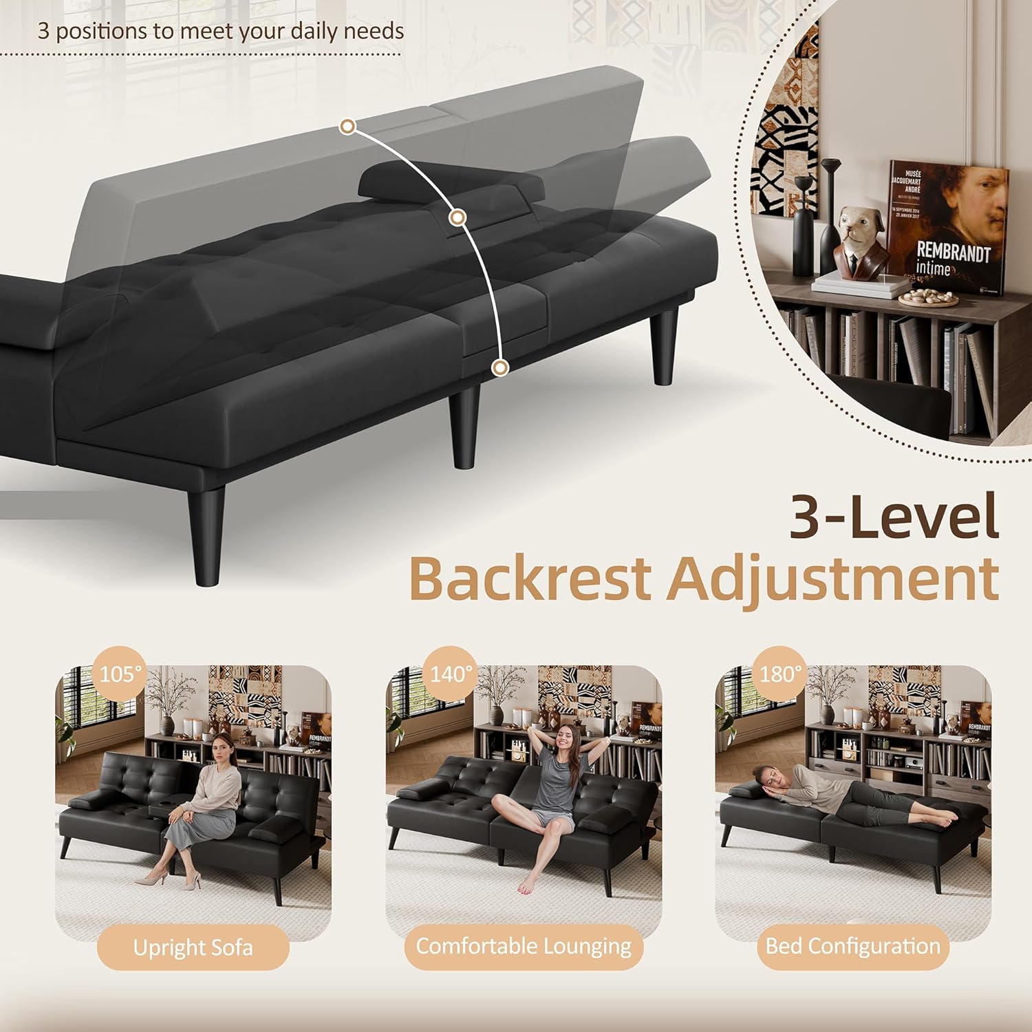 Shintenchi Futon Sofa Bed, Leather Foldable Couch, Reclining Sleeper with Removable Armrests, Upholstered Loveseat Sofa Couch with Folding Cup Holders for Home, Office(Black)