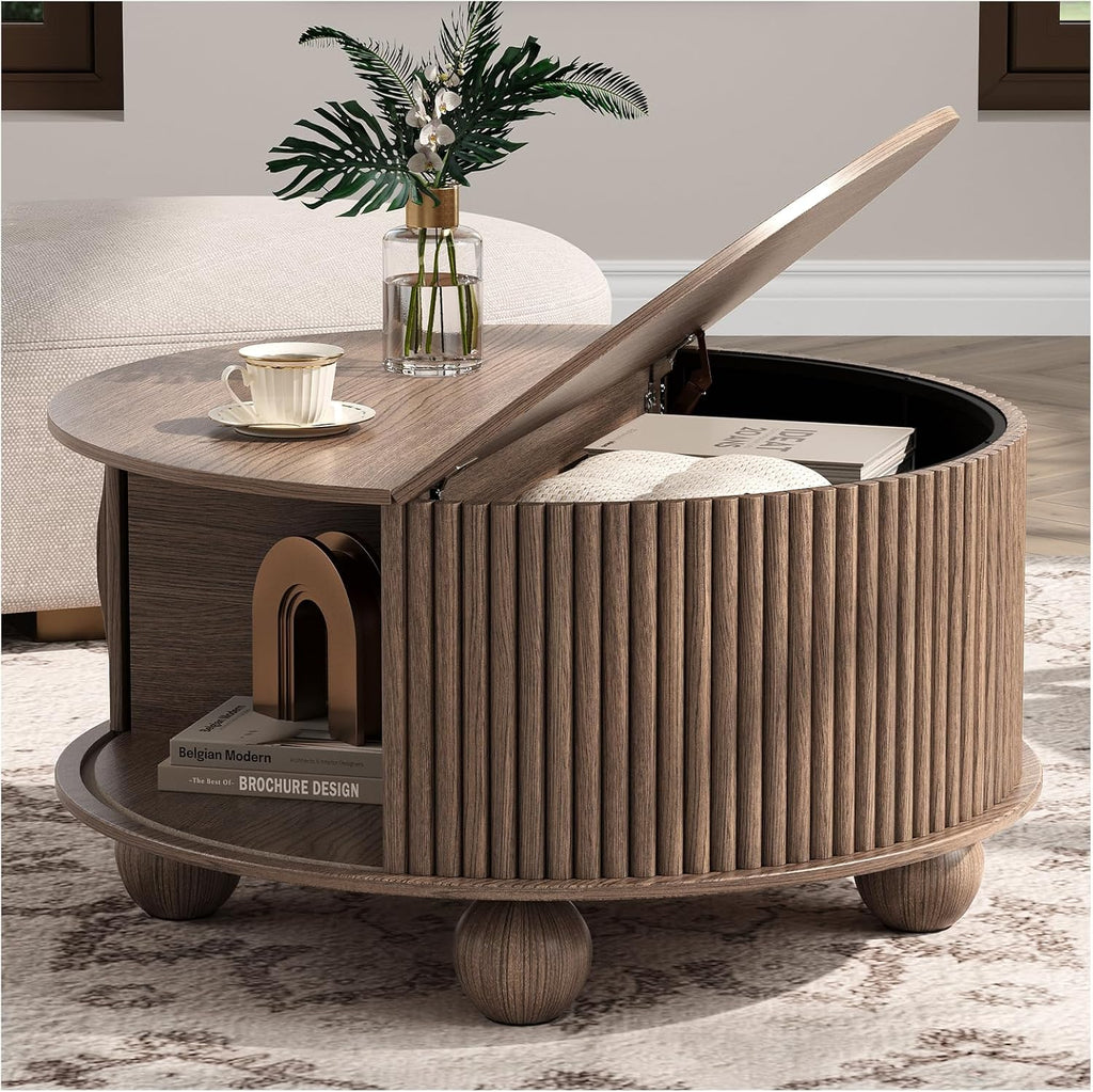 Round Coffee Table with Storage, 31.5" Walnut Fluted Drum Center Table, Mid Century Modern Wood Circle Table with Sliding Door & Bun Feet for Living Room