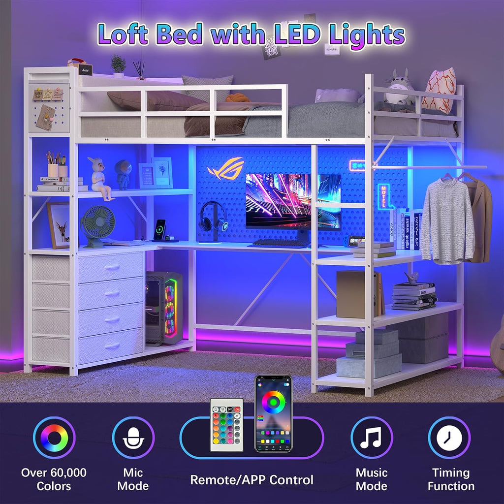 Loft Bed Twin Size with U-Shaped Desk, Metal Twin Loft Bed Frame with Storage Upholstered Headboard & LED Lights, Bunk Loft Beds with Power Outlet, Loft Beds with 4 Storage Drawers, Guard & Ladder