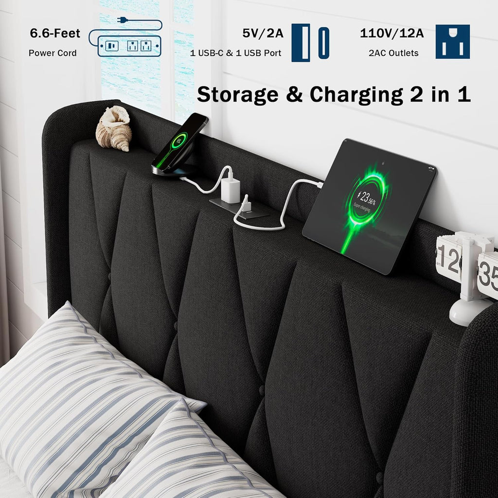 Queen Bed Frame with 4 Storage Drawers, Upholstered Platform Bed with Charging Station, Modern Wingback Storage Headboard, Easy Assembly,Noise-Free, Black