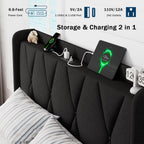 Queen Bed Frame with 4 Storage Drawers, Upholstered Platform Bed with Charging Station, Modern Wingback Storage Headboard, Easy Assembly,Noise-Free, Black