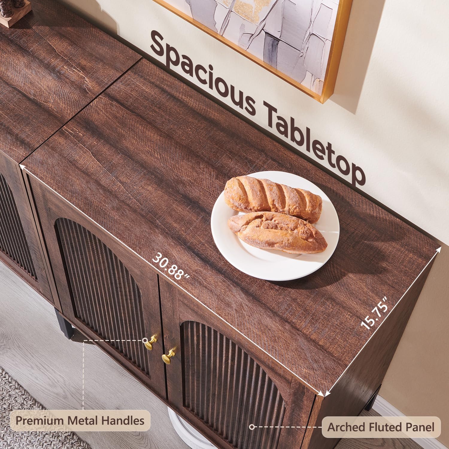 Modern TV Stands for 80 Inch TVs, 92.63" W Wood Entertainment Center w/Adjustable Shelves, Mid Century Modern TV Stand w/Arched Fluted Doors, Media Console Cabinet for Living Room, Brown