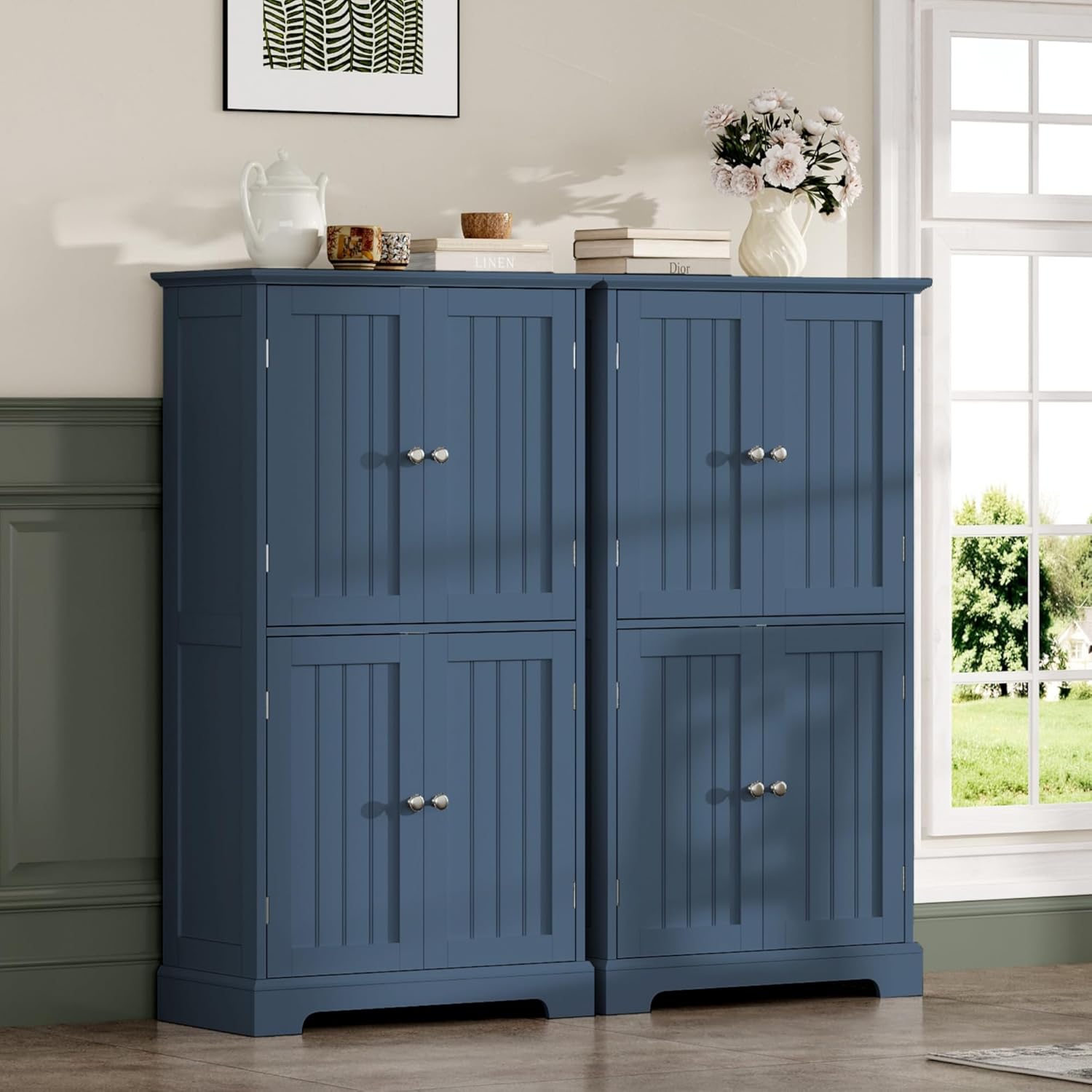 ChooChoo Bathroom Floor Cabinet, Modern Bathroom Storage Cabinet with 4 Doors and Adjustable Shelves, Freestanding Cupboard for Living Room, Blue