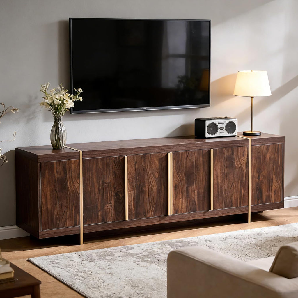 OKD Modern 70" TV Stand,Entertainment Center for TVs Up to 80",TV Console with Storage,Integrated Plinth,Handle-Free Hidden Doors Design,Media Console for Living Room,Bedroom(Dark Walnut)