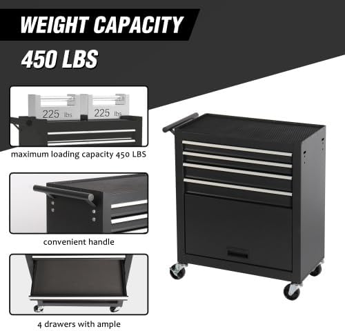 4-Drawer Rolling Tool Chest, Cabinet with 4 Wheels Tool Chest with Drawers, Suitable for Garages, Warehouses, Workshops, Repair Shops, Black