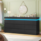 9 Drawer Dresser with LED Light, Black Modern Chest of Drawers for Bedroom,Long Dresser with Drawers for Living Room, Entryway, Hallway
