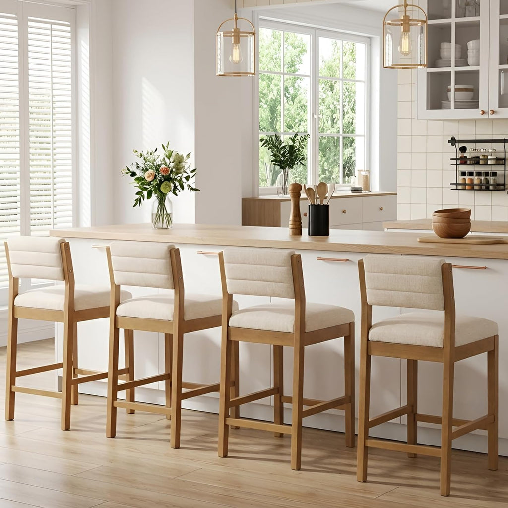 26.5'' Tall Bar Stools Set of 2 Modern Counter Stools with Backs Beige Linen Upholstered Bar Height Chairs Counter Height Island Stools with Wood Frame Farmhouse Wooden Barstools for Kitchen Island