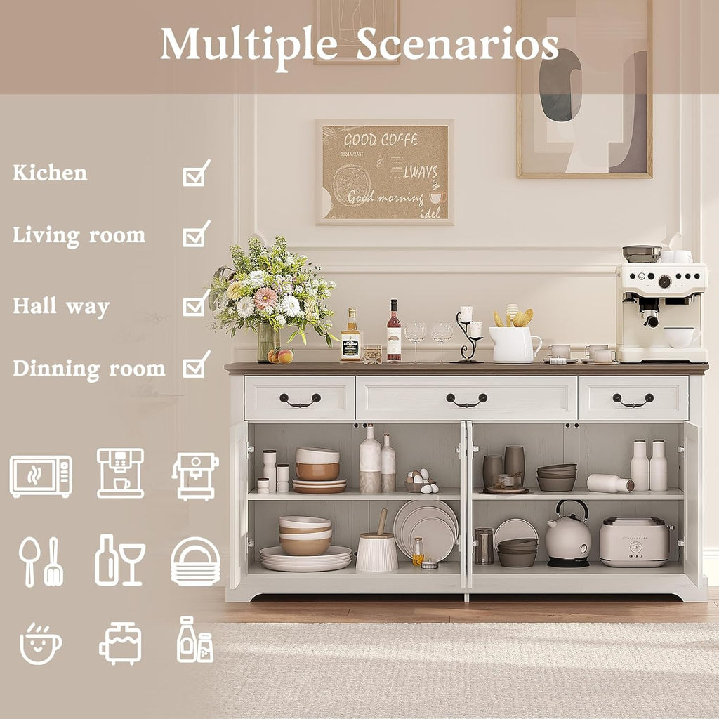 Sunny Heart 65" Large Buffet Storage Cabinet, Farmhouse Kitchen Sideboard Buffet with 3 Drawers and 4 Doors, Coffee Bar Wine Bar Cabinet with Storage for Living Room, White