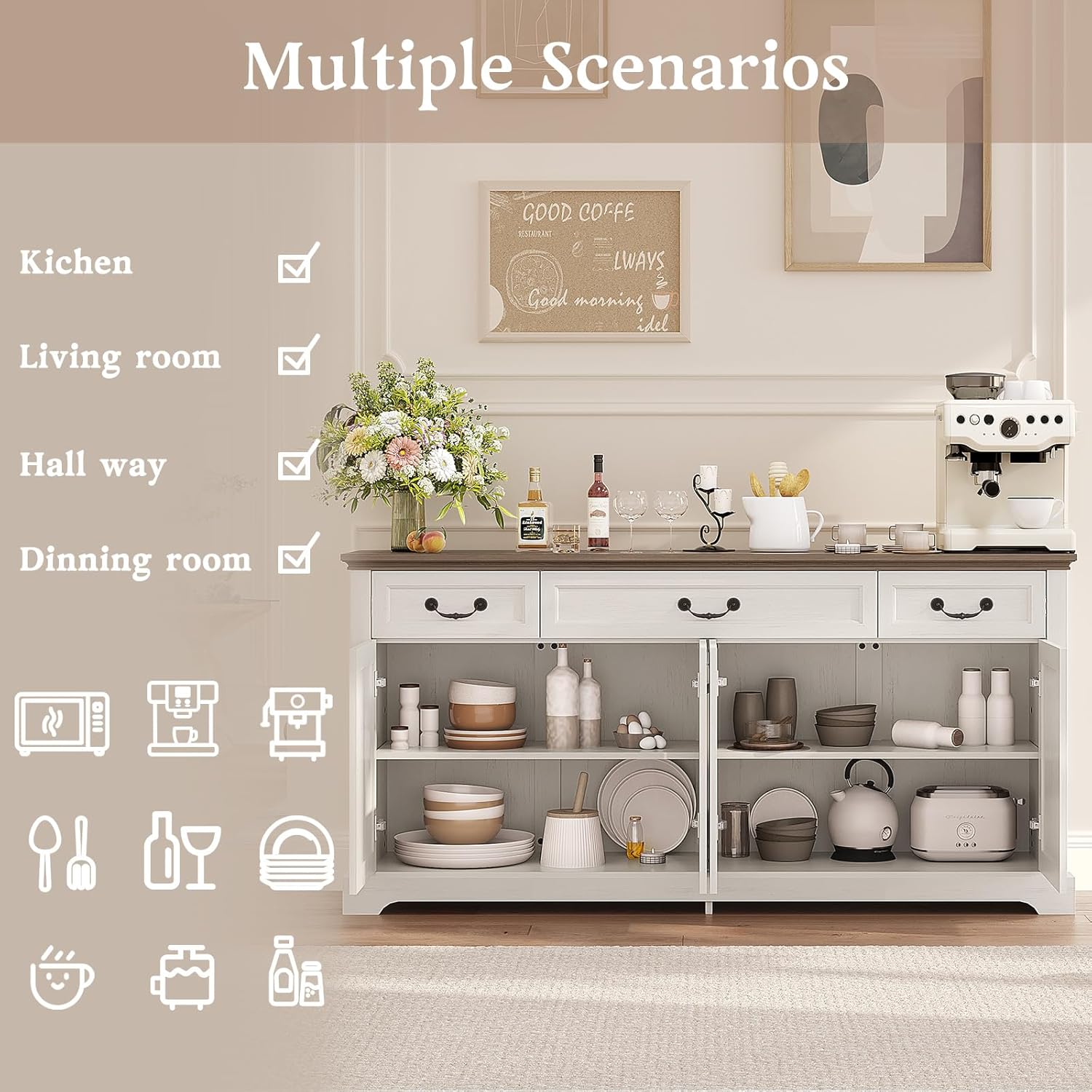 Sunny Heart 65" Large Buffet Storage Cabinet, Farmhouse Kitchen Sideboard Buffet with 3 Drawers and 4 Doors, Coffee Bar Wine Bar Cabinet with Storage for Living Room, White
