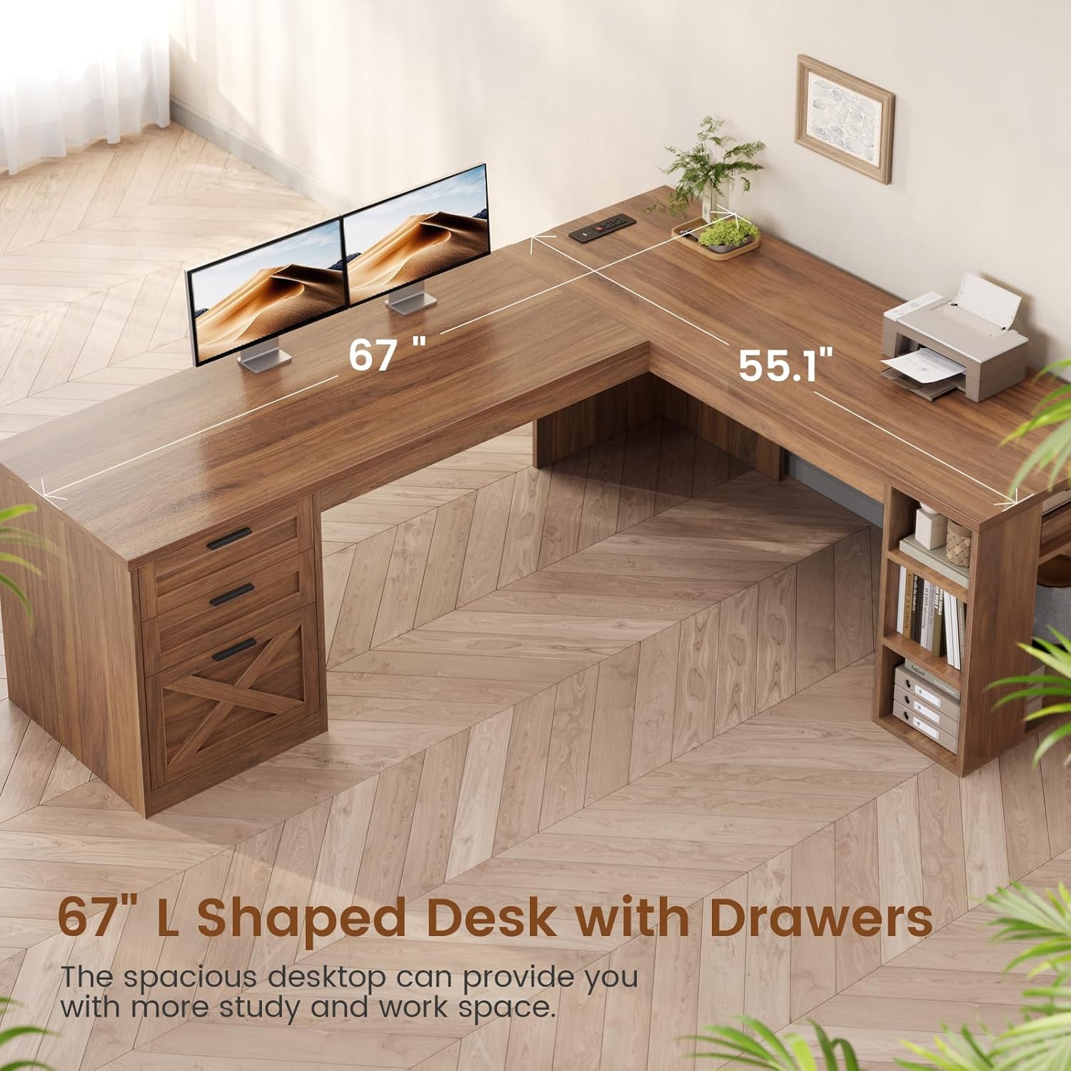 SEDETA 67" Farmhouse L Shaped Desk with 3 Drawers, Executive Home Office Desks with Storage Shelves, Corner Computer Desk with Power Outlets for Home Office, Brown
