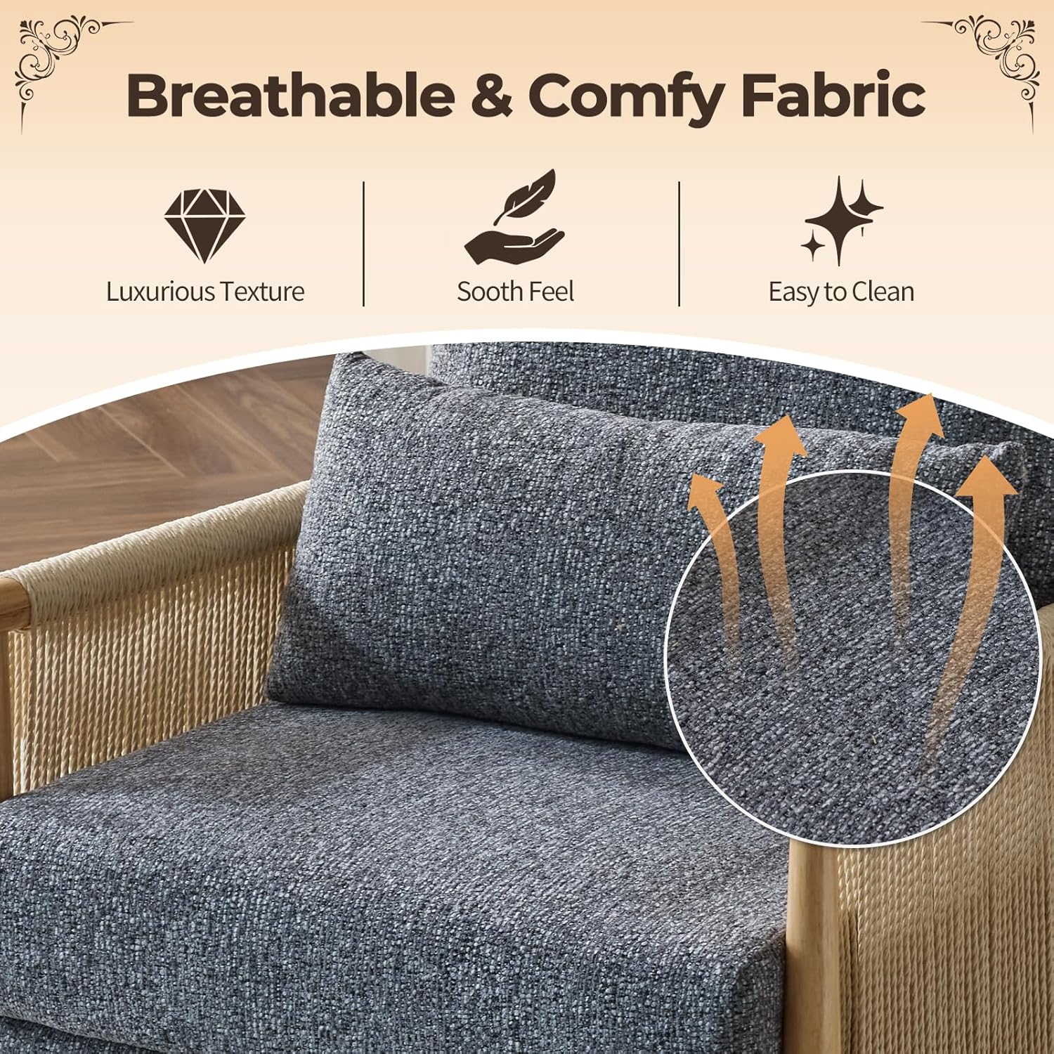 Karl home Cozy Chenille Accent Chair with Lumbar Pillow & Rattan Arms Modern Lounge Chair for Living Room, Bedroom, Reading Nook, Dark Gray