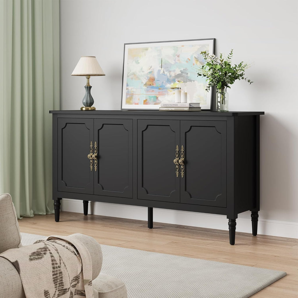 Console Table, 58'' Mid Century Modern Pantry Cabinet, Wood Buffet Sideboard, Media Credenza with 4 Doors, Accent Storage for Entryway, Living Room, Bedroom, Dining Room (Black)