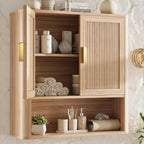 INNOD Bathroom Wall Storage Cabinet, Medicine Cabinet with Adjustable Wood Shelf & Doors, Over the Toilet Storage Cabinet for Laundry Room & Living Room Kitchen Storage Islands (Natural Oak)