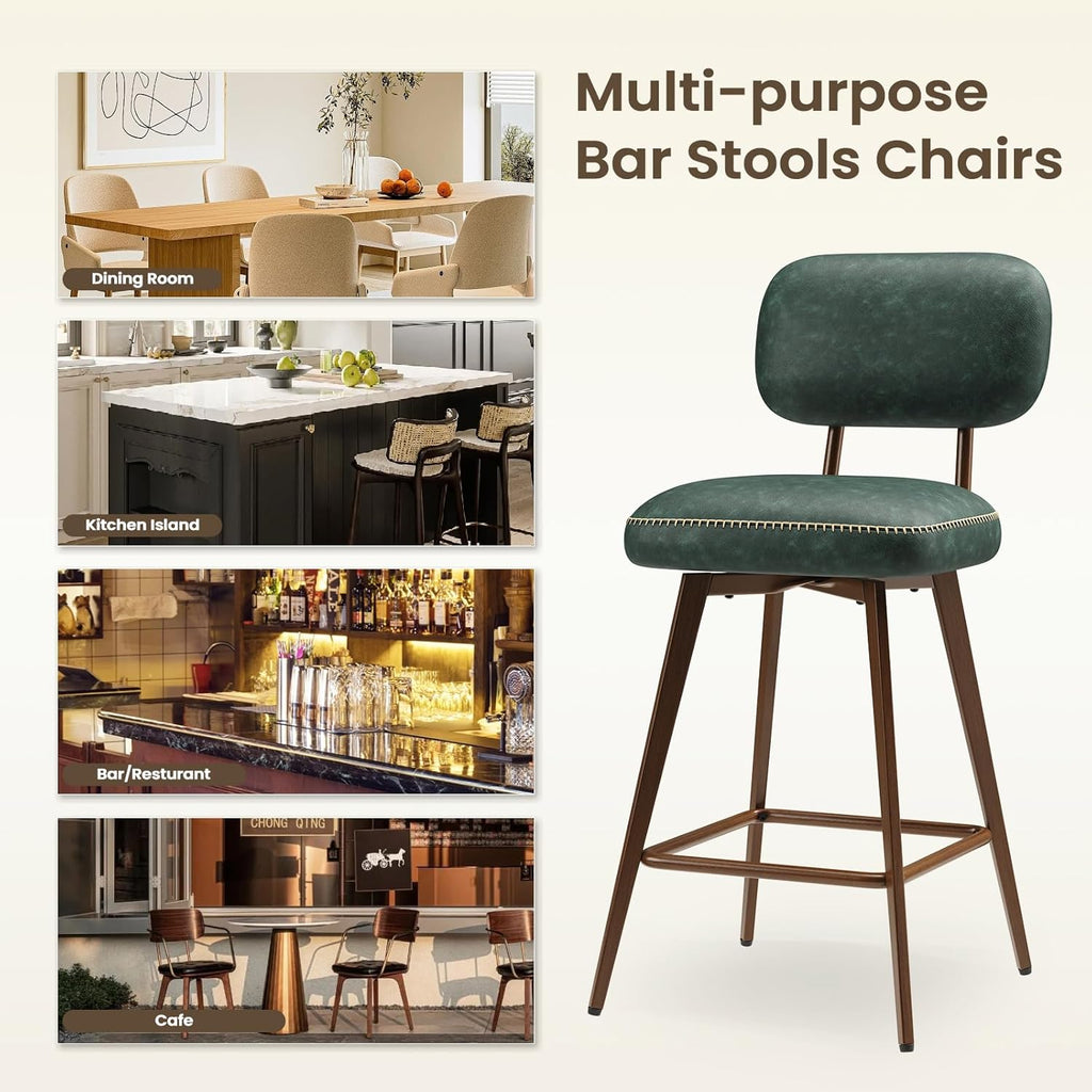 26“ Swivel Bar Stools Set of 4, Mid Century PU Leather Counter Height Bar Chairs with Low Back and Metal Legs, Modern Bar Stool Chair for Kitchen Island, Green