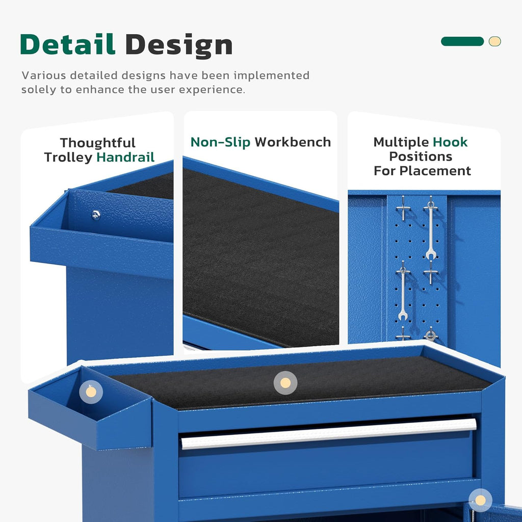 Greenvelly Tool Chest, 5-Drawer Rolling Tool Chest with Hooks and Lockable Wheels, Detachable Top Tool Box, Toolbox with Wheels, Rolling Tool Box for Mechanics Garage Workshop and Tool Room (Blue)