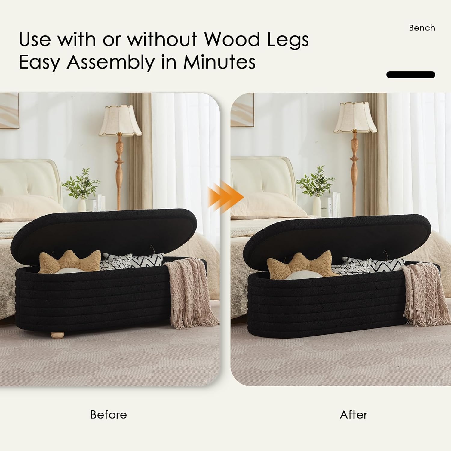 53" Storage Bench Teddy Ottoman Bench Upholstered Fabric Bench End of Bed Stool with Safety Hinge for Bedroom, Living Room, Entryway, Black