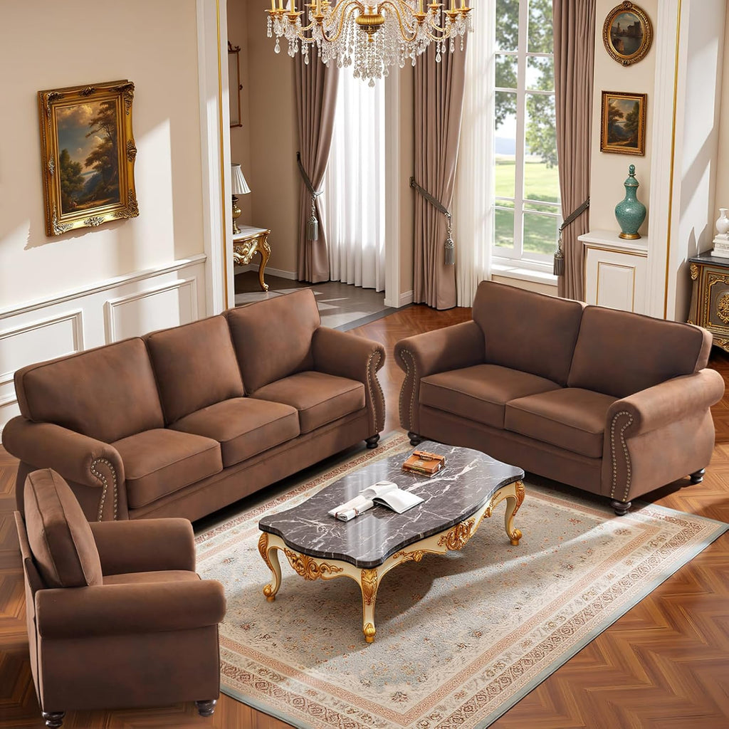 Mid-Century Vintage Sofa Couches with Rivet Design,3-Seater Sofa,Removable Sofa Cover Upholstered Cushions and Solid Wood Frame (Caramel, 3-Seater)