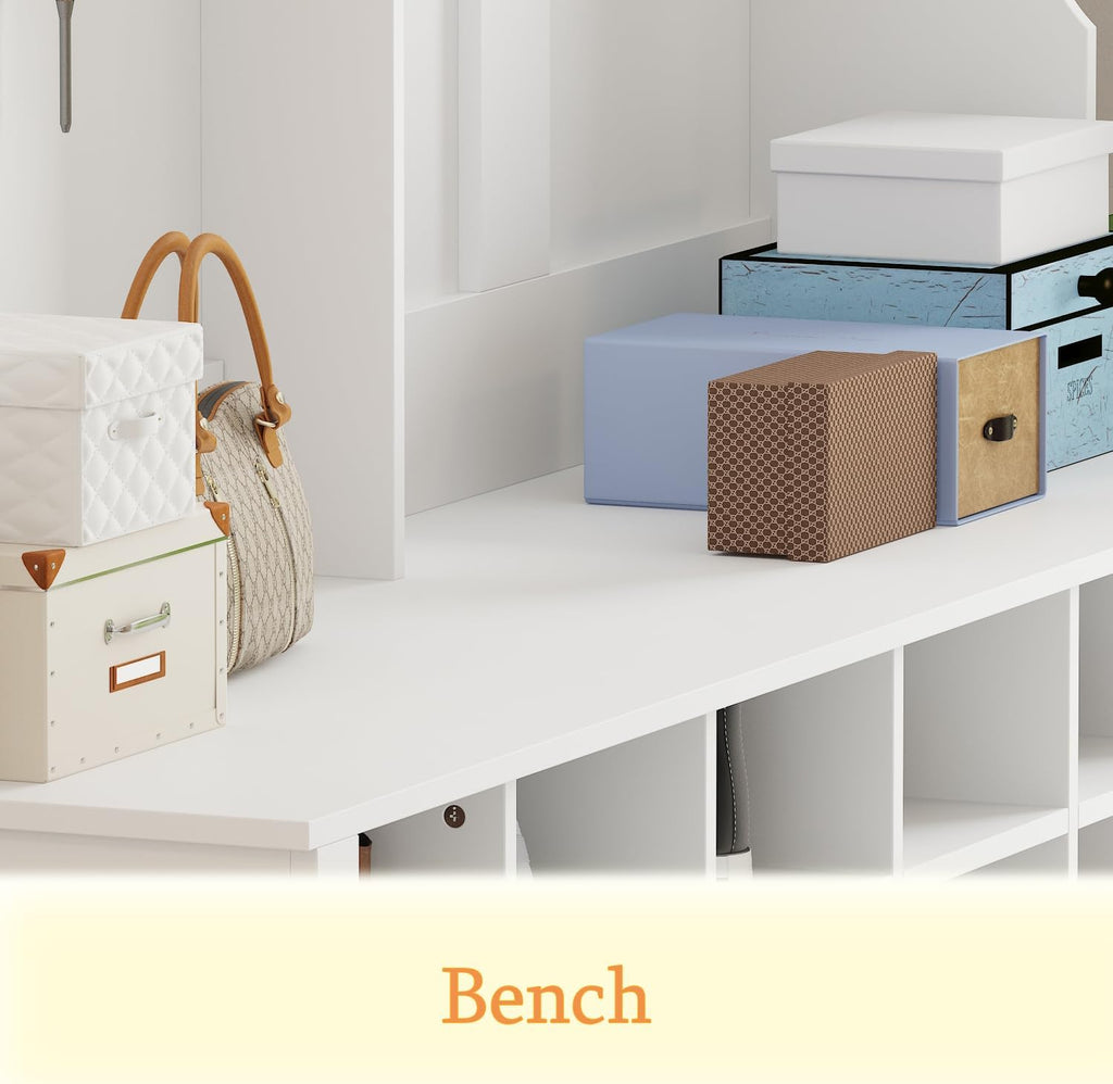 WOODTIME Extra Large Hall Tree with Bench and Shoe Storage, Multi-Purpose Entryway Bench with Coat Rack, Adjustable Shelves, 6 Double Hooks and 21 Open Compartments, White
