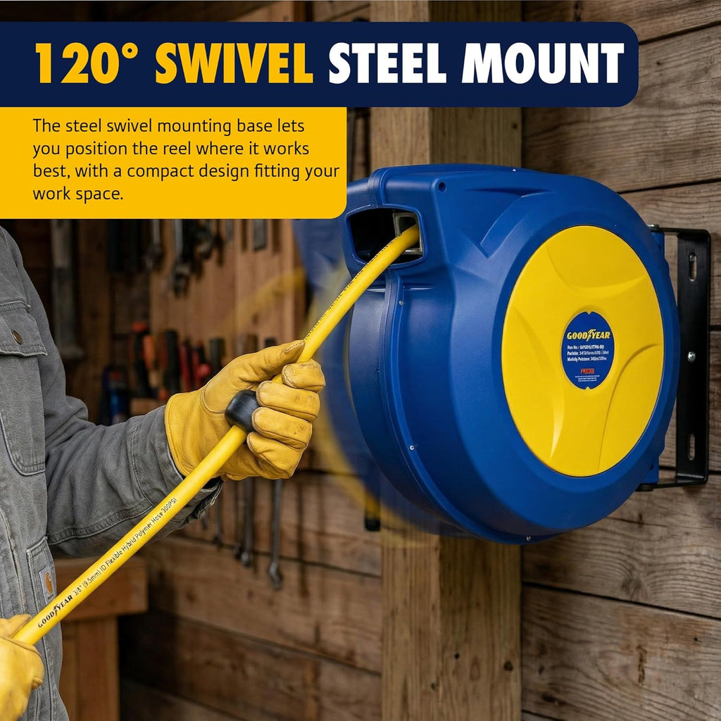Goodyear Retractable Air Hose Reel, 3/8" x 50 FT, 300 PSI Hybrid Polymer Hose, Spring-Driven Automatic Rewind, Leak-Proof Swivel, Wall & Ceiling Mountable