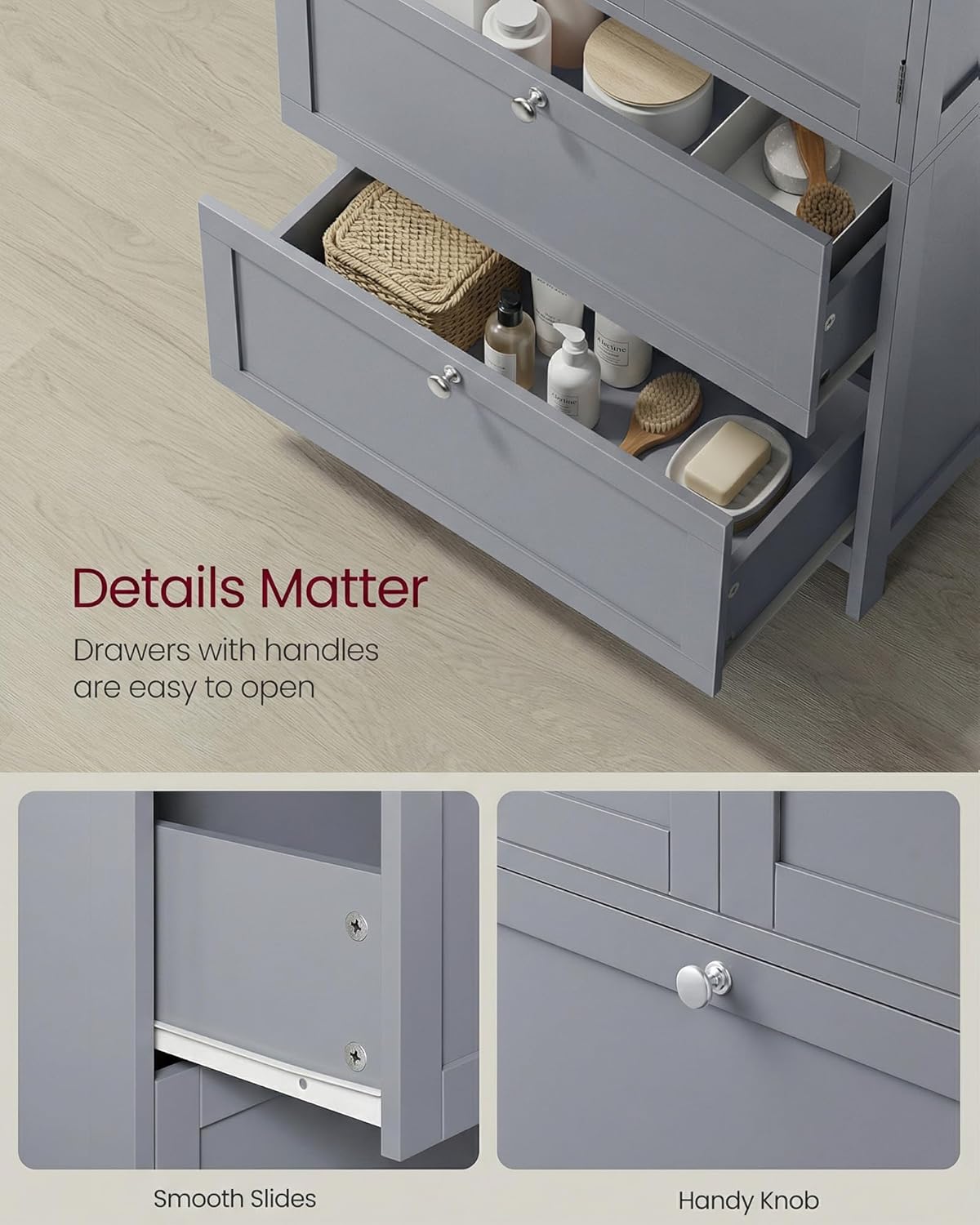 VASAGLE Floor Storage Cabinet, Freestanding Storage Unit with 2 Drawers and 2 Doors, Adjustable Shelf, 11.8 x 23.6 x 43.3 Inches, for Entryway, Bathroom, Dove Gray UBBC551G02V2