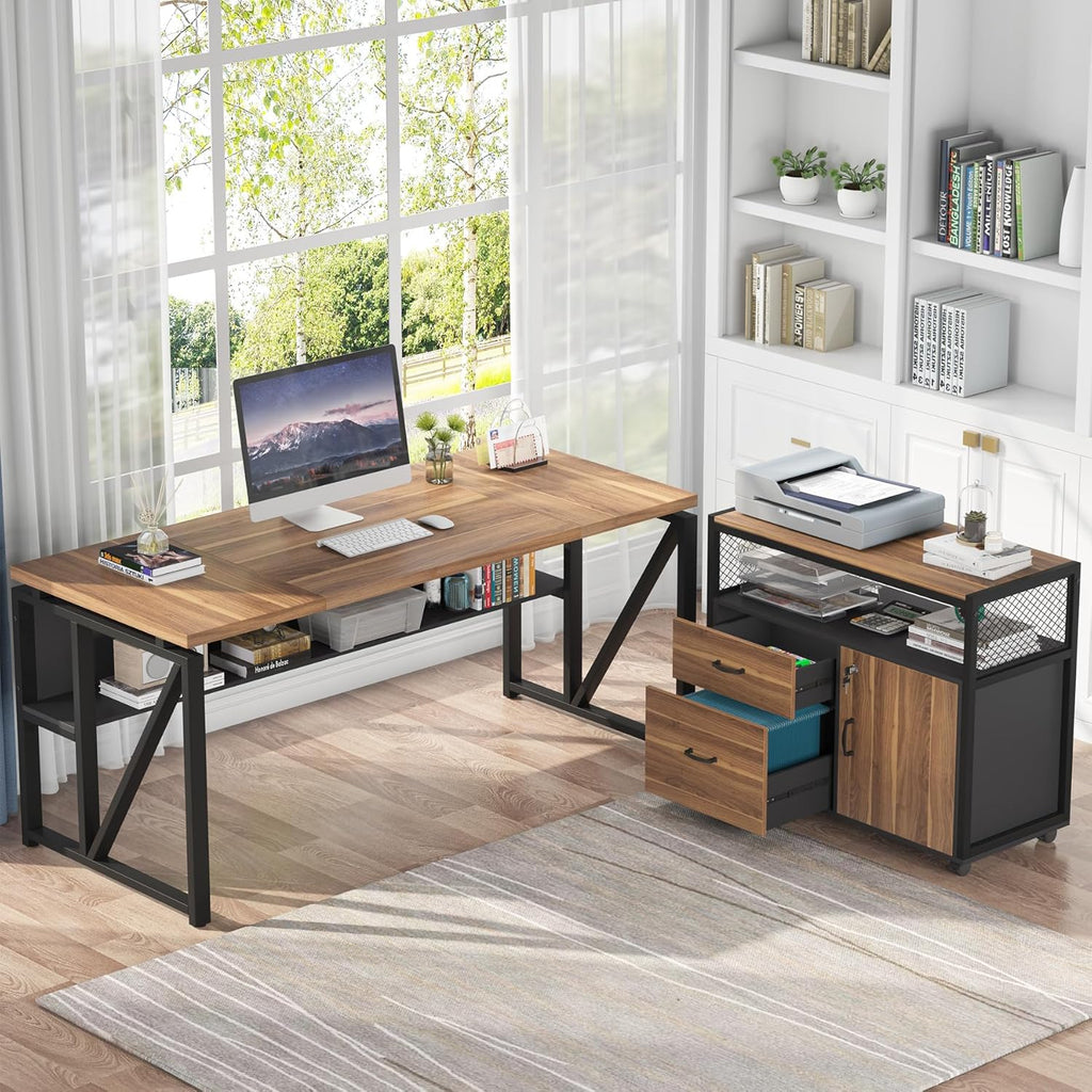 Tribesigns 63" Executive with Drawer Cabinet, L Shaped Desk and Lock lateral File Cabinet, 2 Piece Home Office Furniture Set with Drawers for Hanging File, (Brown, 63 inches)