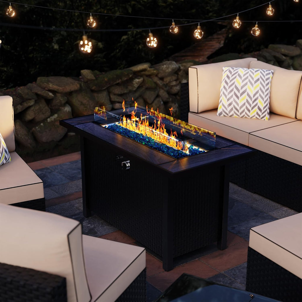 Meilocar 45in Fire Table  Propane Fire Pit with Glass Wind Guard and Rain Cover  Outdoor Firepit Table 50000 BTU 3-in-1 Fire Table for Patio/Yard/Balcony  Gray Tabletop
