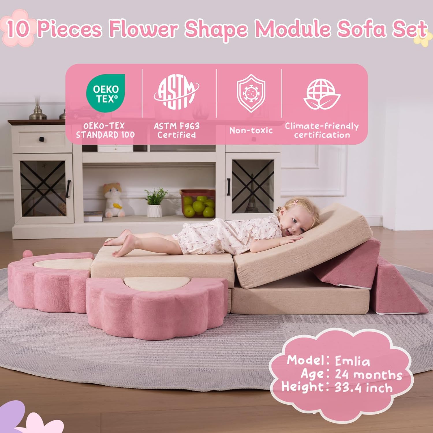 10-Piece Mini Kids Play Couch, Modular Flower Foam Sofa for Toddlers, Convertible Soft Play Sofa with Washable Cover, Indoor Climbing Furniture for Nursery & Playroom, Pink & Beige