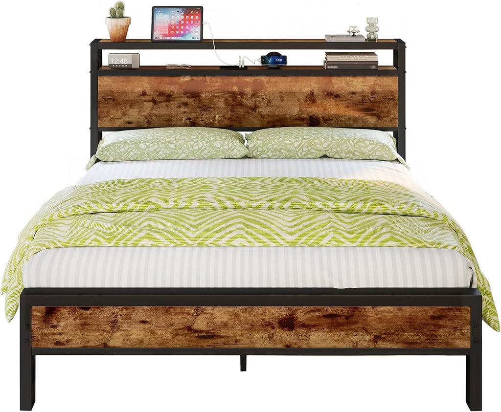 Queen Size Bed Frame, Platform Bed Frame with 2-Tier Storage Headboard and Charging Station/No Box Spring Needed/Noise Free/Industrial/Rustic Brown