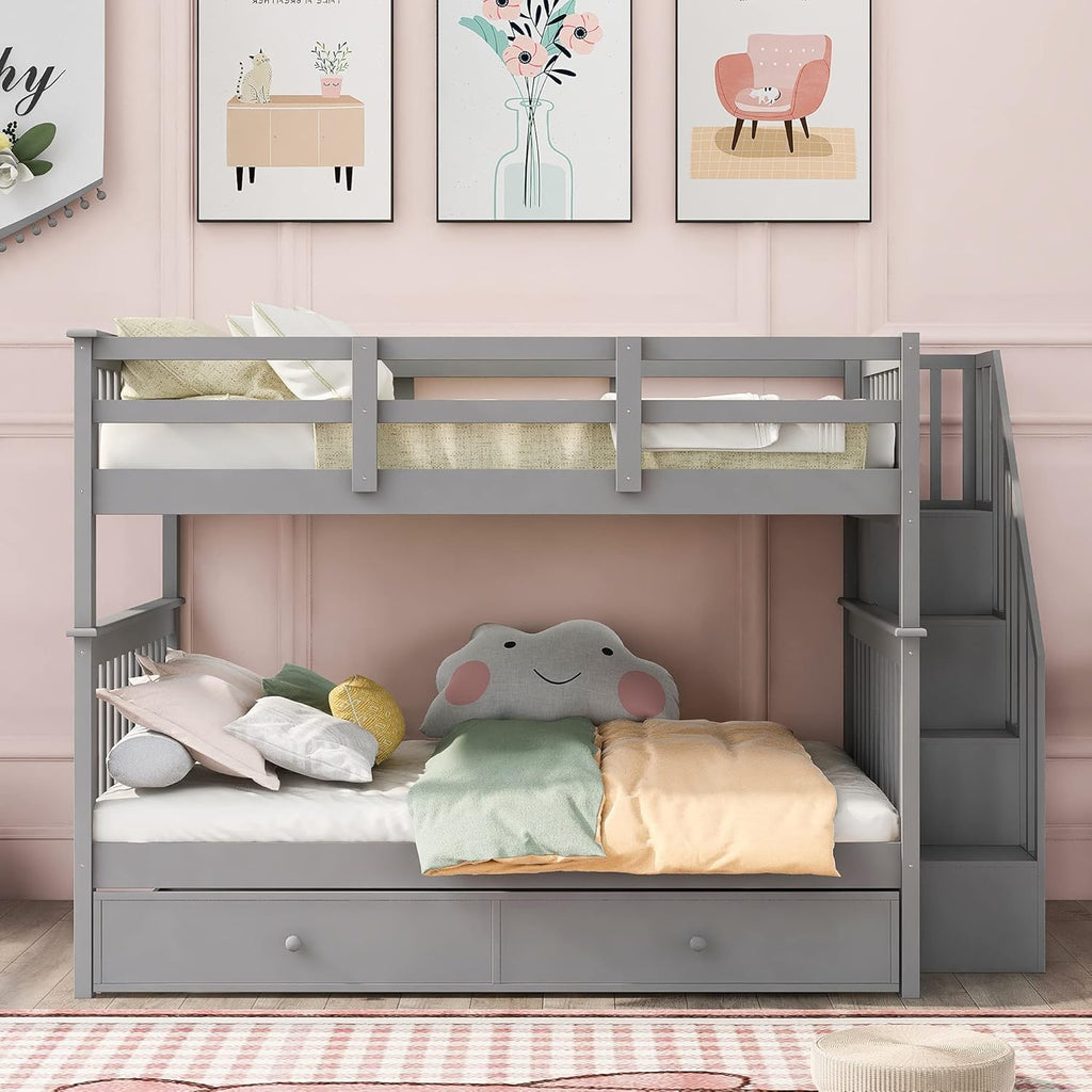 Bellemave Full Over Full Bunk Beds with Stairs and Trundle Wood Bunk Bed Frame with Staircase and Storage Shelves for Kids Teens Adult, Detachable Stairway Bunkbed for Boys Girls, Gray