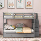 Bellemave Full Over Full Bunk Beds with Stairs and Trundle Wood Bunk Bed Frame with Staircase and Storage Shelves for Kids Teens Adult, Detachable Stairway Bunkbed for Boys Girls, Gray