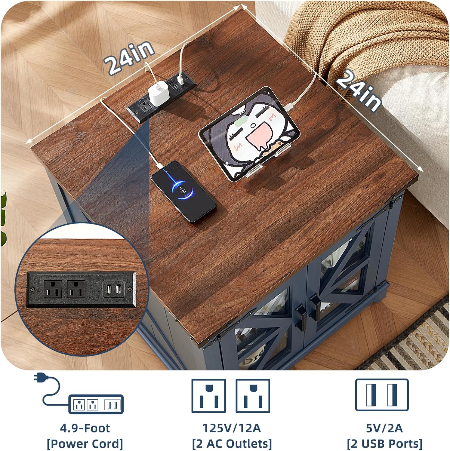 Farmhouse End Table Set 3, Narrow 18'' Night Stand with Glass Barn Door, 24" Square Side Table with Charger Station, Living Room Furniture Sets, Wood Nightstand Bedside Tables for Bedroom