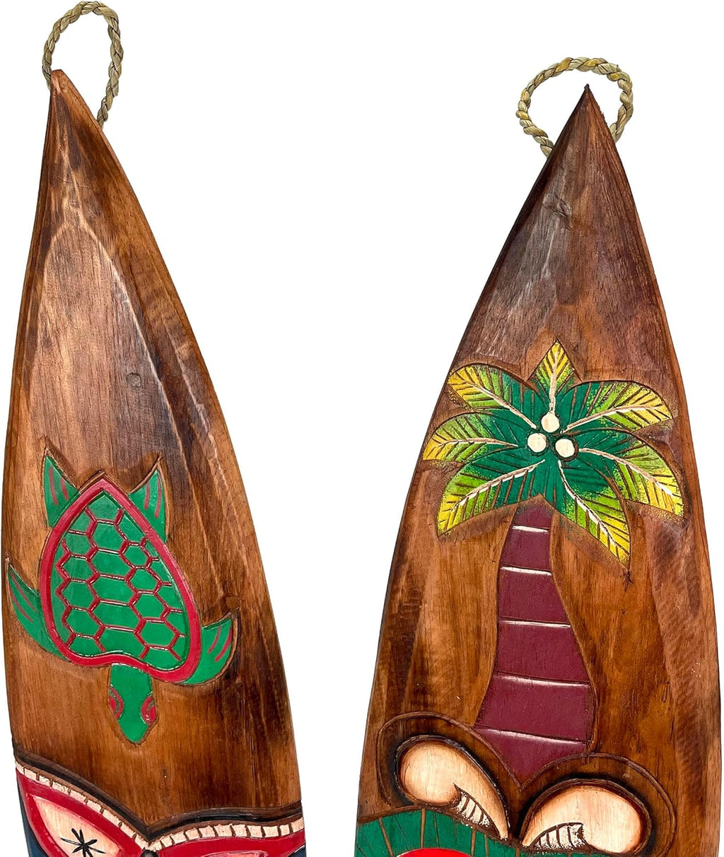 Set of 2 Wooden Tiki Surfboard Wall Decor, 39" Hand-Carved Surfboards with Sea Turtle and Palm Tree Designs, Hand-Painted Tropical Wall Art, Coastal Beach House Accent, Rustic Bar or Patio Hanging