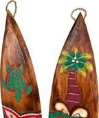 Set of 2 Wooden Tiki Surfboard Wall Decor, 39" Hand-Carved Surfboards with Sea Turtle and Palm Tree Designs, Hand-Painted Tropical Wall Art, Coastal Beach House Accent, Rustic Bar or Patio Hanging