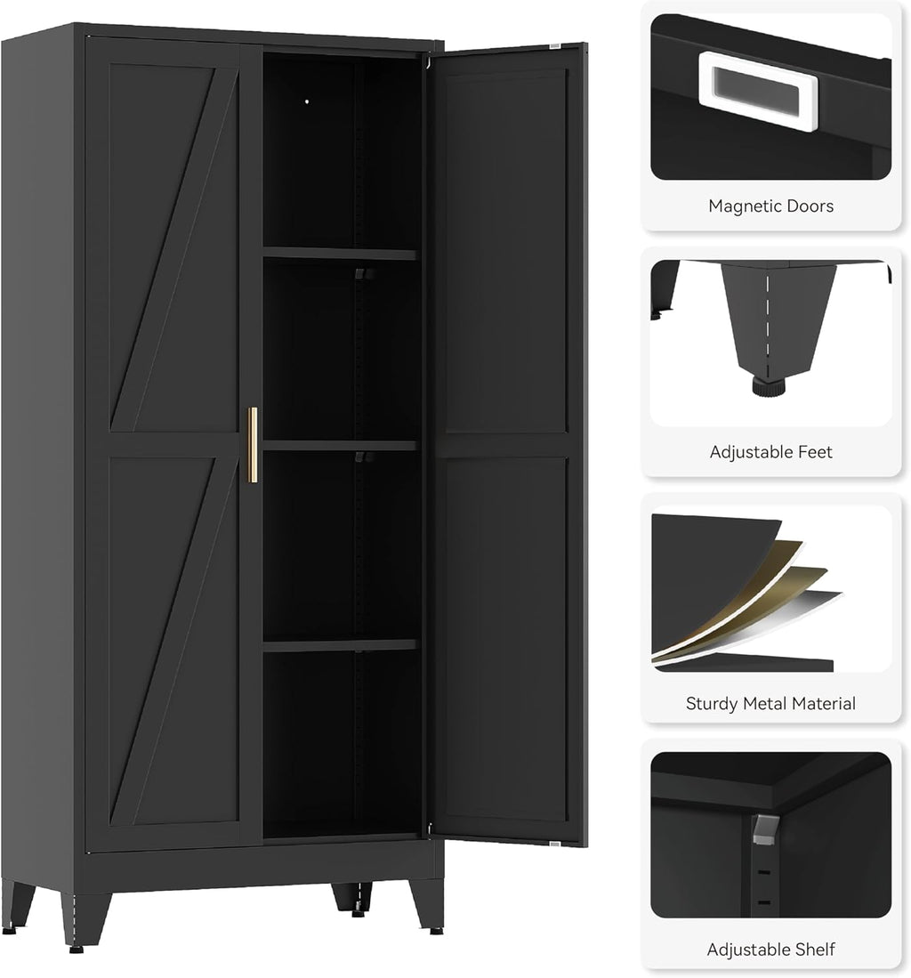 Metal Pantry Cabinet, 61”H Kitchen Pantry Storage Cabinets with 2 Doors & 3 Adjustable Shelves, Black Kitchen Pantries Cabinet, Tall Cabinet with 2 Gold Handles for Dining Room, Living Room