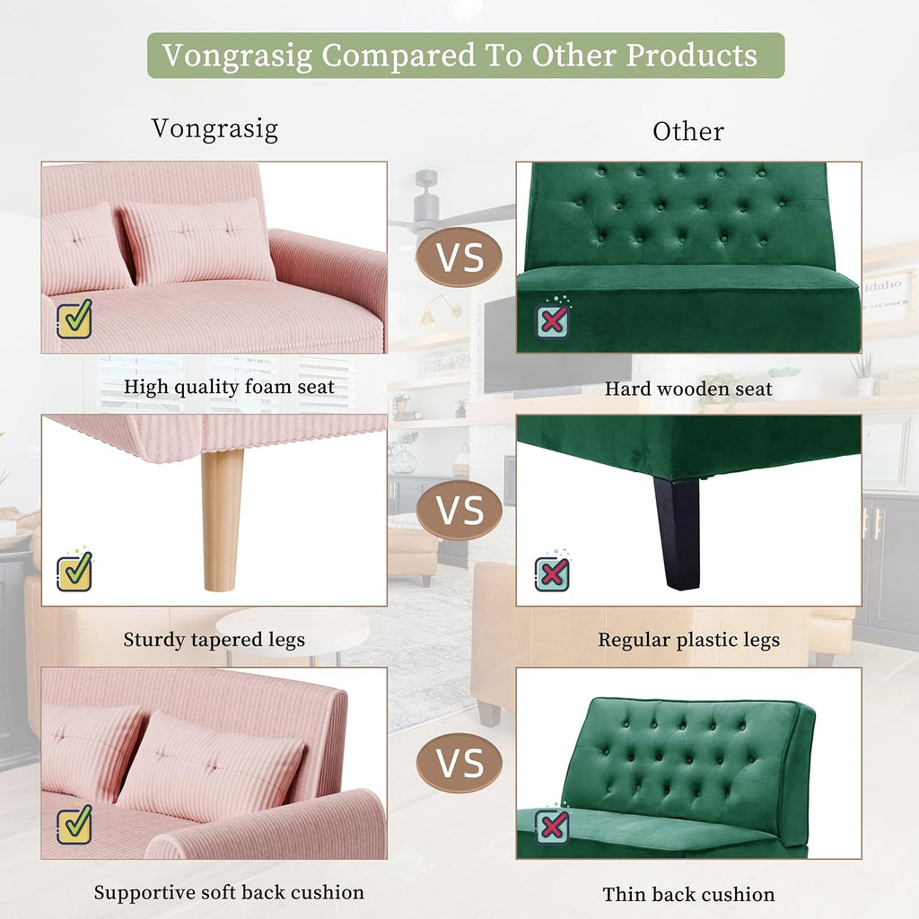 Vongrasig 47" Small Modern Loveseat Sofa, Mid Century Soft Corduroy Fabric 2-Seat Sofa Couch Tufted Love Seat with Back Cushions and Tapered Legs for Living Room, Bedroom and Small Space (Pink)
